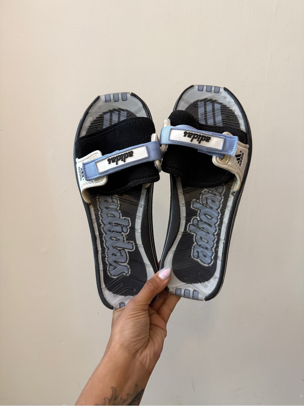 Y2K RARE adidas slides Black and Light Blue Adjustable Slide Sandals